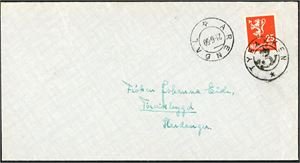 25 øre Løve på konvolutt, annullert med KPH "Tybakken" (AA, 10 pkt) og ved siden stemplet "Arendal 21.6.51".