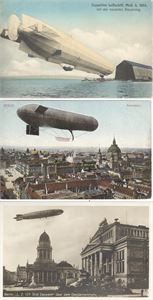 Fly - 3 utenlandske kort med Zeppelins (2 kolorert)  Berlin 1903, Steurung 1908 og Berlin 1929.  Alle brukt , to postgått