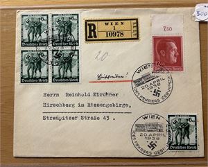 REICH Brev med Mi 664 + 5 stk Mi 662 med spesialstempel "WIEN 20. APRIL 1938". Omtalt i fotnote i Michel, liten rift i nedre kant
