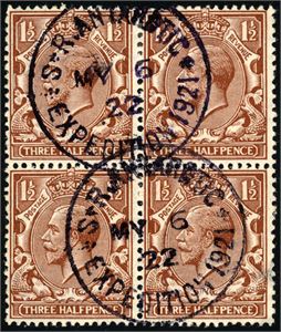 362. 1 1/2d George V in a block of four, cancelled "S-R Antarctic Expedition 1921 My 6 22". A small thinning in lower right stamp.
