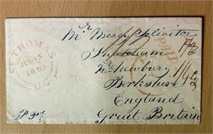 DANSK VEST-INDIEN Prefrim brev med rødt "ST THOMAS JUL 15 1850" til England. Stemplet "PAID", ""LONDON" og ""NEWBURY". Lite lakksegl, svart stempel er langt vanligere
