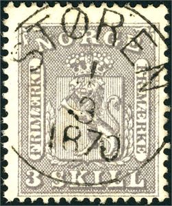 7. 3 skill, pent fullstemplet "Støren 1.3.1870". God farge.