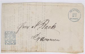 Bypost Drammen Bypost I.  Direkte avtrykk av Nr 3 Iib på del av brevomslag av trykksak.  Stempel nr 5  4/2-70.  Hel trykksak/korsbånd vurderes til 7.500 i S/A.   Fin trykksak!