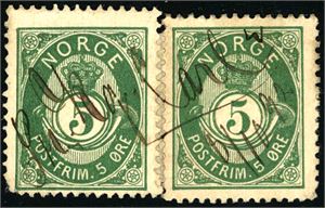 52 III. To 5 øre 20 mm på lite brevstykke annullert med håndskrevet "Pr. Kong Carl 8/10 92". Venstre merke med kort hjørnetagg.