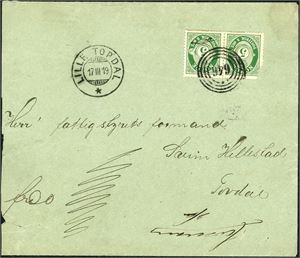 99. To 5 øre Posthorn på konvolutt, anert med 4-rings "646" (Austenå, Åmli, AA), og ved siden stemplet "Lille Topdal 17.3.19".