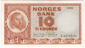 10 kroner 1958 Z.0274533 erstatningsseddel. Kv.01