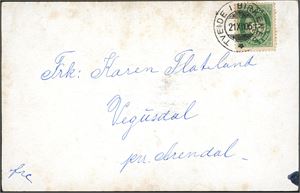 76. 5 øre Posthorn på Kartong/Overrekkelseskort, stemplet "Tveide i Birkenes 21.10.05".
