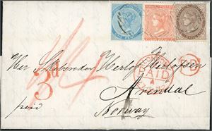 8,11,13. Jamaica. 1 d, 4 d and 1 /- Victoria on complete letter to Arendal, Norway, cancelled with grid and "Kingston Jamaica Ja 8 72" at reverse. "London Paid 27 Ja 72" in red at front.