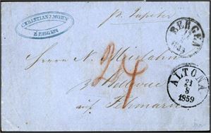 Ubetalt brev, stemplet "Bergen 17.8.1859" og sendt til Fehmarn (Slesvig Holstein). Ved siden påskrevet "pr. Jupiter" samt transittstempel "Altona 21.8.1859" og håndskrevet portotall "24" i rødt.