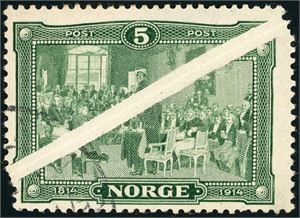 114. 5 øre Eidsvold variant "Trekkspill". Lettstemplet.
