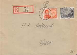 Rek. brev, BRU (RO/7 pkt) TA 12-9-47 på pent rek brev med NK 362 og 363.