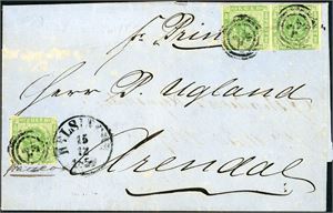 5. Danmark. 24 skillings porto til Norge. Tre 8 s 1858 på komplett brev til Arendal, anert med nummerstempel "24", og ved siden stemplet "Helsingborg 15.12.1858" samt påskriften "pr. Prinds Carl". Brevet med en rift opp som ikke berører merkene. Frimerkene med varierende marger fra gode til tangerende (ørlite innklippet).