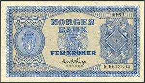 5 kroner 1953, serie K.6613594. 0