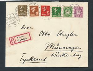 Nk 118, 119, 141, 145, 147 og 149 på rekbrev til Münsingen, Tyskland stemplet "KIRKENES 26 VII 34". Ankomststempel 3.8.34"