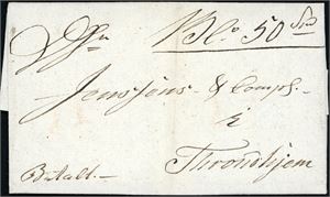 Komplett betalt bankobrev (50 Spd) fra Lessøe til Throndhjem 1848. Baksiden med to fine offisielle segl fra "Lessøe Postcontoiar".