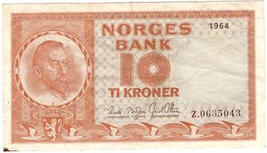 10 kroner 1964 Z.0635043 erstatningsseddel. Kv.1