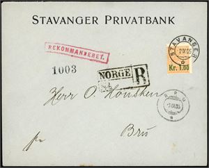 85/87. Kroneprovisoriene på hvert sitt rekommanderte brev, stemplet "Stavanger" i 1905.