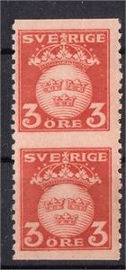 SVERIGE F139** 3 öre brunröd. Normalprov,  otandat lodrätt par, sällsynt!