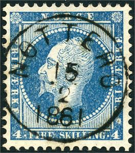 4. 4 skilling Oscar, vakkert fullstemplet "Nøtterø 15.2.1861" (VF).