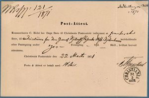 Post-Attest. Kvittering for betalt 14 sk.sp. for en sending til Danmark. Undertegnet av postekspeditør Fjelstad og stemplet "Christiania 22.3.1871".