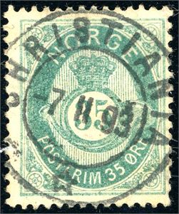 29 a. 35 øre skravert Posthorn i sjøgrønn nyanse, pent stemplet "Christiania 7.2.93".