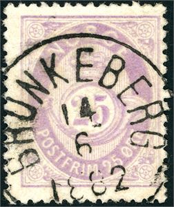 28. 25 øre skravert Posthorn, fullstemplet "Brunkeberg 14.6.1882" (TE).