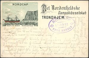 Norcap-kort. Det Nordenfjeldske Dampskibsselskab Trondhjem. Med ovalt stempel "Nordkap 18 Jun 92 Kong Harald" på forsiden. Baksiden med to 5 øre 20 mm, stemplet "Hammerfest" samt ankomststempel "Frankfurt 24.6.92". K-2