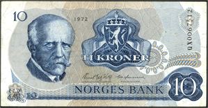 10 kroner 1972, serie QX 0067512. Erstatningsseddel. Men seddel. med ingen spesielt kraftige bretter, men svært mange mindre. 2