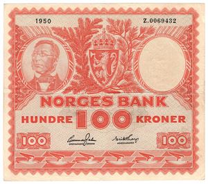 100 kroner 1950 Z.0069432. Erstatningsseddel. R-sedddel. Kv.1