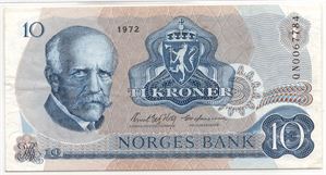 10 kroner 1972 QN. Erstatningsseddel. Gradert til 30 very fine hos PMG. Kv.1/1+