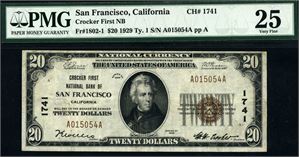 20 dollar 1929, San Francisco, California CH# 1741, Crocker First NB. FR#1802-1 $ 20 1929 Ty. PMG 25
