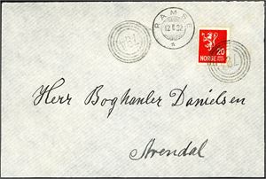 145. 20 øre Løve II på konvolutt, anert med 4-rings "794" (Skjeggedal, Lille Topdal, AA), og ved siden stemplet "Ramse 12.2.32".