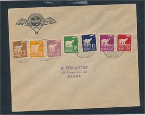 Nk 130-36 polmerkene på brev stemplet "OSLO SOLLI 2 V 25" til Sveits. Logo "Norsk Luftseiladsforening". Artig