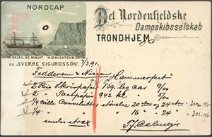 Norcap-kort. Det Nordenfjeldske Dampskibsselskab Trondhjem, S.S. "Sverre Sigurdssõn". Brukt i 1891. K-2