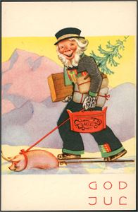 Damsleth. Mann og Gris på ski. N.W.Damm & Søn, nr 206. K-1