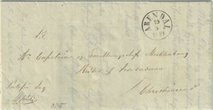 PREFRIM Arendal stemplet 15-5-1849 i svart, sendt Christianssand. Portofri sak.
