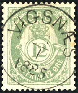 44. 12 øre mattgrønn, vakkert stemplet "Vigsnæs 6.1.1885".