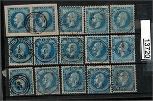 Nk 4 o. 15 merker inkl pent "LAURDAL I THELEM. 1-9-1863" + et med platefeil og et med variant 3