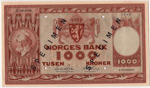 1000 kroner 1949 X.0000000 specimen. Kv.0