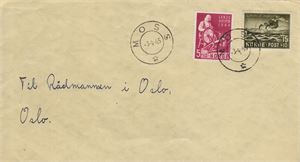 Krigsmerker Bruksbrev til Oslo med 15 øre Krigsforlis og 5 øre Landshjelp 1944 (NK 323 og 326), stemplet IIA MOSS -3-4-45.