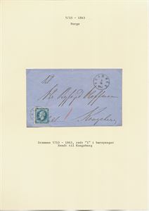 NK 4 4 skill med Rettvendte DRAMMEN 5/10 1863 på noe brevomslag, Rødt  "1" i bærepenger. Pen sak