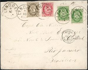 22, 26,43. 35 øres porto til Sør-Amerika. 1 øre- og to 12 øre skravert Posthorn sammen med en 10 øre 21 mm på konvolutt til Rio de Janeiro, Brasil, pent stemplet "Lyngøer 9.10.1884". Ved siden stemplet "Hull Ship-Letter". To ulike ankomststempler på baksiden.