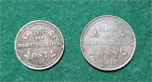 TYSKLAND, OCKUPATIONSMYNT WW1 1916, 1 och 2 kopek "Ober-Ost". Historiska militärmynt i järn från
