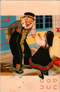 DAMSLETH. Eldre bunadskledd mann med gave bak ryggen. (Damm 207). Stpl 1945. Frim fjernet, ingen fortynning. Kv. 2.