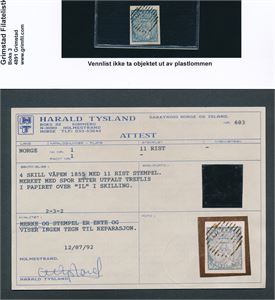 Nk 1 o. Pent merke med liten variant/trykktilfeldighet. 3 brede marger og 1 normal. Attest Tysland