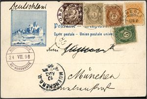 50,65-67,Spitsbergen nr 1. Fire posthornmerker på et tysk Bade-kort, stemplet "Hammerfest 4.8.96". Ved siden 10 øre Spitsbergenemerke, stemplet "Norske Øern 1996" i blått. Ved siden stemplet "Nördliches Eismeer 80 Nordbreite 24 7.96" og "Muenchen".