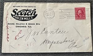 USA-BREV 2c utagget stemplet "CHICAGO AUG 10 1913". Vertikal brett. Uvanlig merke på brev