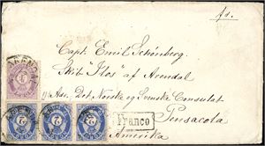 17 c,19 II. 10 skillings porto til U.S.A. 2 skilling posthorn i horsisontal 3-stripe samt en 4 skilling Posthorn på konvolutt til Pensacola, stemplet "Arendal 17.12,1873". Ankomststemplet på baksiden. En 2 skilling med anmerkninger pga perifer plassering.