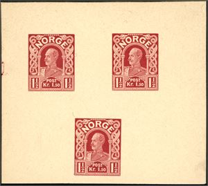 111. 1 1/2 kr Haakon 1910. Tre gravørprøvetrykk i rød farge på kartong.