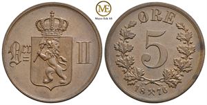 5 øre 1876 Oscar II. Kv.0